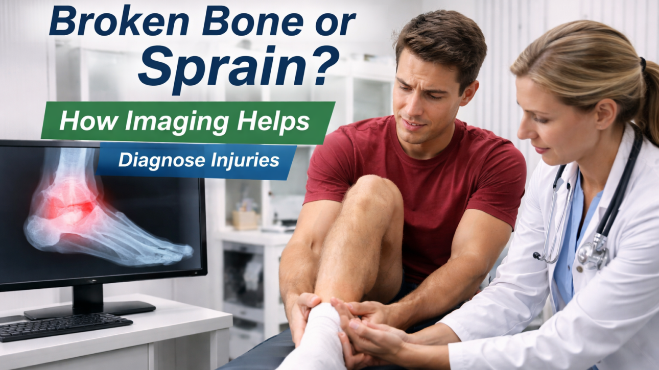urgent care X-ray diagnosis, sprain vs fracture symptoms, sports injury imaging. broken bone