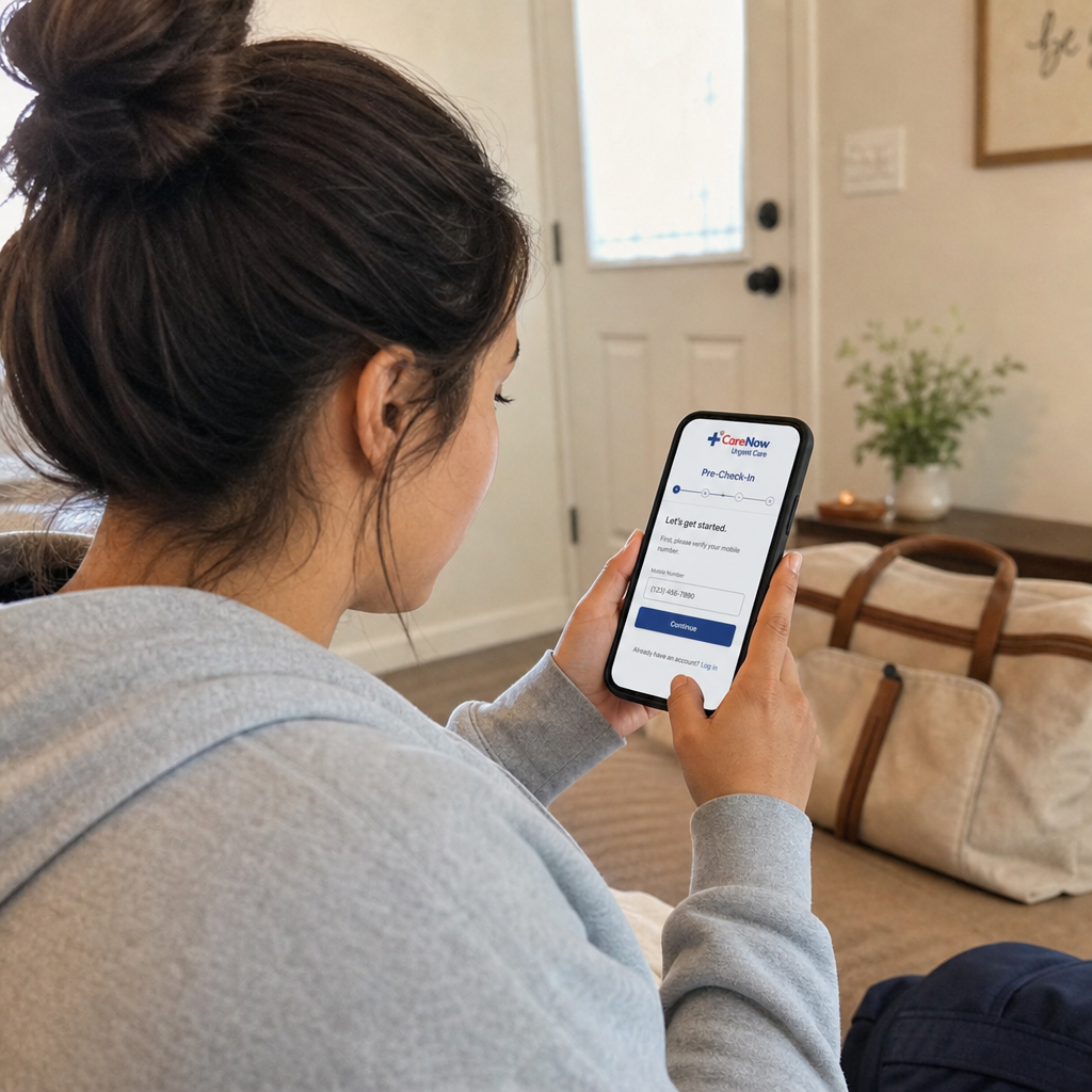 Patient completing urgent care pre-check-in on a phone before leaving home
